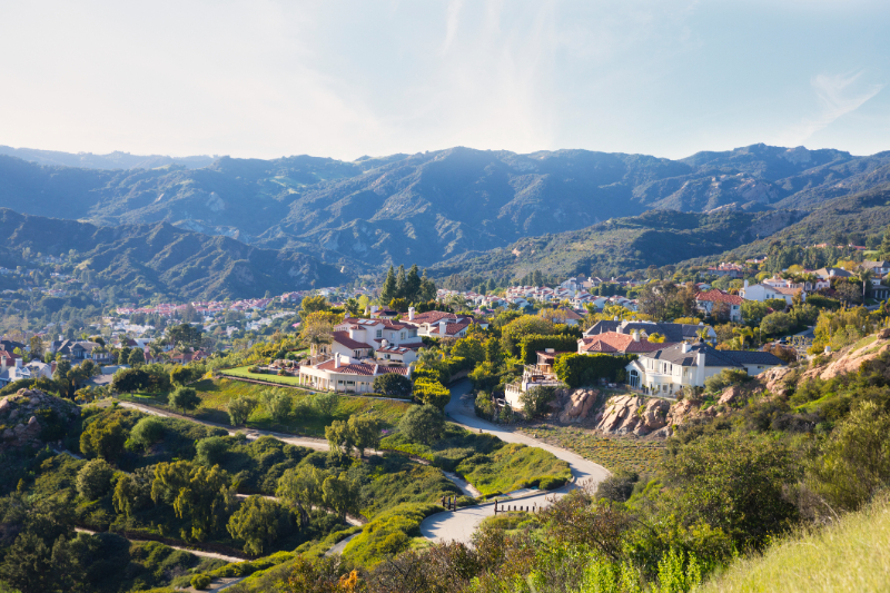 Pacific Palisades houses and Santa Monica mountains. Southern California