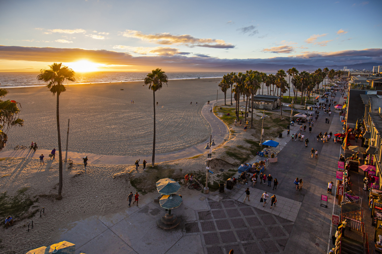 High angle view of Venice beach during sunset.